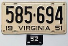 1952 Virginia License Plate    51 Plate Updated With 52 Tab