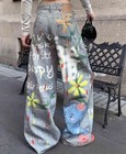 Women s Blue Denim Jeans Straight Leg Cartoon Animal Printed Casual Pants Punk
