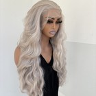 Silver Grey Long Wavy Frontal T Lace Wig Women Synthetic Hair Heat Resistant