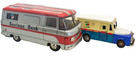 Vintage Japanese Tin Friction Set Of  2  Coin Banks Toy Vans  c  1956 