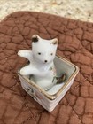Vtg Porcelain White Cat Kitten In Basket Hand Painted Flowers Miniature Figurine