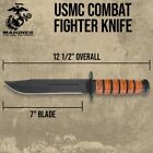 Usmc Marines Combat Knife   7  Stainless Steel Blade   Embossed Leather Sheath