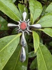 Vintage Southwestern Navajo Style Sterling Silver Sunburst Cross Pendant Coral