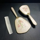 Vtg Gold Tone Embroidered Pink Flowers Mirror  Comb   Hair Brush Vanity  Set