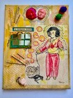 Mixed Media Original Art Collage Assemblage 8x10  Canvas Child With Cat And Bird