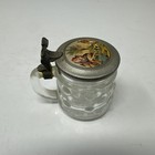 German Mini Glass Stein W  Hinged Pewter Lid Hunting Scene Insert