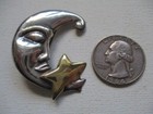 Sterling Silver 925 2-tone Vintage Crescent Man In The Moon   Star Pin Brooch