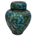 Antique 19th Century Cloisonne Ginger Jar Speckled Peacock Brass Enamel Floral