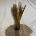 Rare  Large Vtg Handblown Art Glass Amber Vase Swung Pulled Fingers 18 5    