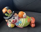 Vintage Mcm Chalkware Clown Coin Bank Figurine Lying Down W Bowler Hat 1960s