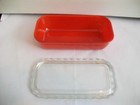 Vintage 1950s Red Refrigerator Glass Storage Container W lid 9 5  X 5  X 2 5 