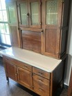Antique Oak Hoosier Cabinet With Frosted  Glass Doors And Original Hardware