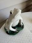 White Ceramic Frog Figurine Statue On Green Base Decorative Collectible