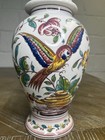 Majolica Apothecary Jar Parrot Hand Painted Floral Portugal Lidded Bird Urn