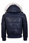 Hooded Navy Blue Lambskin Leather Puffer Jacket Mens Pilot Aviator Bomber