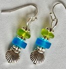 Green And Ocean Blue Sea Glass Etched Seashell Earrings  Beach  Ocean
