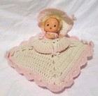 Vintage Crochet Doll Square Pillow Pink Dress Pink White Blonde Hair Bonnet
