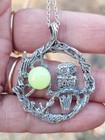 Silver Vaseline Uranium Glass  Pendant Necklace Owl Moon