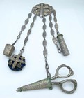 Antique Silver Plate Chatelaine W Griffin dragon Thimble Holder Needle Case  