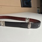 Vintage Etched Silver Buckle Leather Belt Reversible Black Brown Western Style