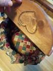 Vintage Wooden Heart Lidded Lined Sewing Picnic Basket  Leather Hinges 