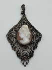 Antique 800 Silver Shell Cameo Filigree Flower Design Pendant