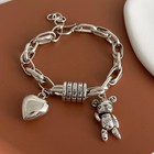 925 Sterling Silver Vintage Heart Bear Charm Bracelet Link Chain Retro Jewelry