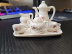 Vintage Porcelain Miniature 10 Piece Tea Set Pink Rose Pattern Gold Trim