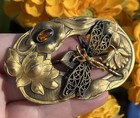 Vtg Antique Jj Sommers Brooch Art Nouveau Dragonfly Pond Amber Glass Pin Big