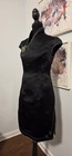 Custom Made Black Satin Qipao Cheongsam Dress W  Lime Green Trim Mandarin Collar