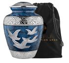 Elegant Blue Adult Cremation Urn For Human Ashes With Doves   Silver Leaf Design