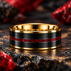 Black Brushed Tungsten Ring Gold Plated Crushed Ruby Inlay Men s Wedding Band 