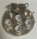 Silverplate Tray Set W  Creamer  Lidded Sugar Bowl  4 Demitasse Cups   Spoons