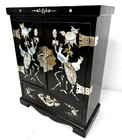 Vintage Asian Oriental Black Lacquer Mother Of Pearl Jewelry Box Chest Cabinet