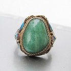 Antique Chinese Export Gilt Silver Jade Floral Cloisonne Adjustable Ring