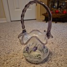 Rare Fenton  h p  Signed By M young Glass Basket White Purple Beautiful