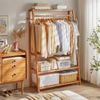 Heavy Duty Clothes Rack Solid Wood Garment W  3 Shelves Purse Hanging Side Hooks