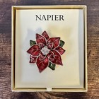 New In Box Napier Red Enamel Poinsettia Brooch Rhinestone Christmas Flower Pin