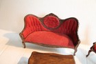 Vintage Dollhouse Living Room Furniture 3-piece Red Sofa  Chair   Table Set
