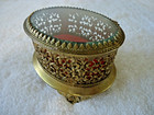 Vintage Brass Filligree Footed Jewelry Trinket Box Velvet Lining Glass Top Japan
