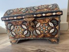 Vtg Antique Moroccan Inlaid Lined Wood Trunk Chest Brass Camel Bone Vintage