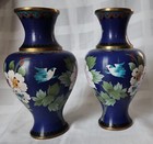Vintage Pair Of Chinese Cloisonne Vases 10  Tall Brass Blue Floral