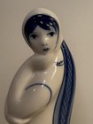 Vintage Russian Gzhel Blue   White Porcelain Elegant Lady - Hand Painted