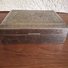 Vtg Antique Persian Indian Enameled Brass Box Wood Lined Cigar Trinket Jewelry 