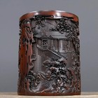 Chinese Antique Old Bamboo Carved Scenery Brush Pot Collection Office Supplies