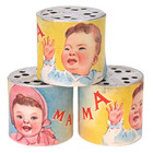 Set Of 2 Vintage 1950s Japanese Noisemaker Cans   Baby  mama    Cow  moo  Toys