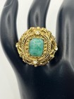 Ornate Gold Tne Green Cabochon Clear Rhinestone Cocktail Ring Vintage Adjustable