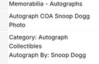 Original  Snoop Dogg  Hand-signed Autograph  8 X 12  W  Coa        Awesome  Photo