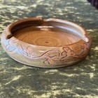Vtg Studio Pottery Ashtray Hand Carved Botanical Floral Rustic Brown Boho 70s