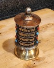 Tibetan Tabletop Buddhist Spinning Prayerwheel copper brass  W red blue Faux Gem